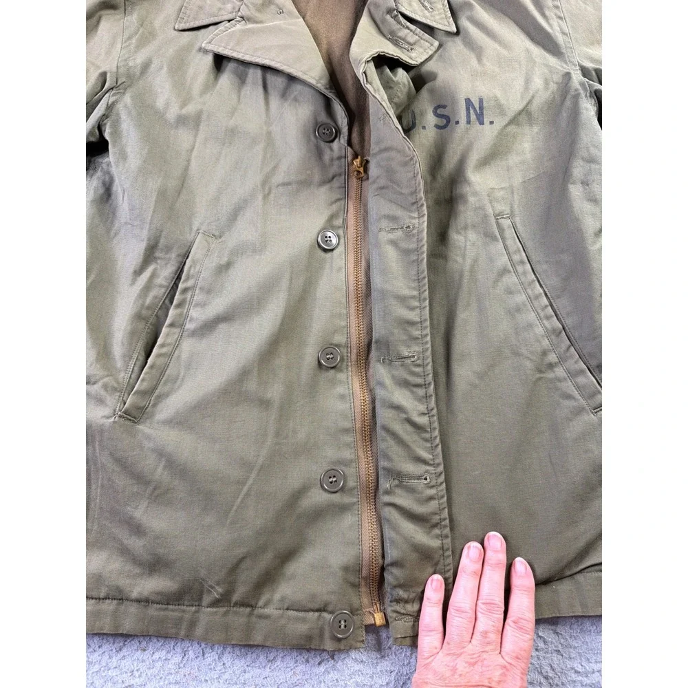 VTG WWII USN N-4 Navy Deck Jacket OD Green Talon Zip Coat Liner Stenciled Mens L